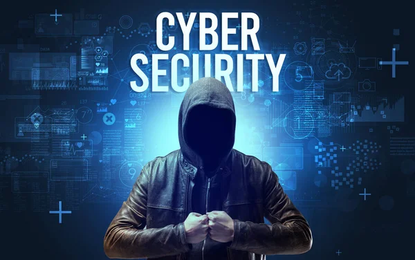 Homem Sem Rosto Com Inscrição Cyber Security Conceito Segurança Online — Fotografia de Stock