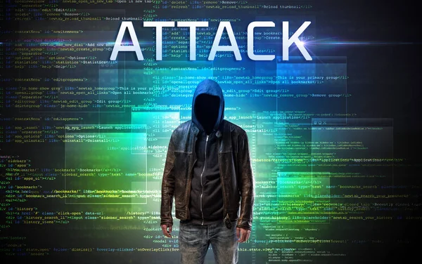 Gesichtsloser Hacker Mit Attack Aufschrift Auf Binärcode Hintergrund — Stockfoto