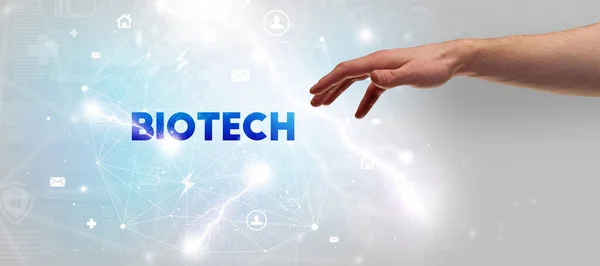 Hand Pekar Biotech Inskription Modern Teknik Koncept — Stockfoto