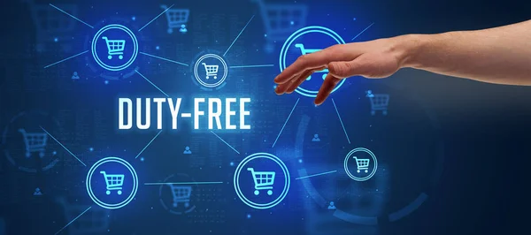 Close Przyciętej Dłoni Wskazując Napis Duty Free Koncepcja Zakupów Online — Zdjęcie stockowe