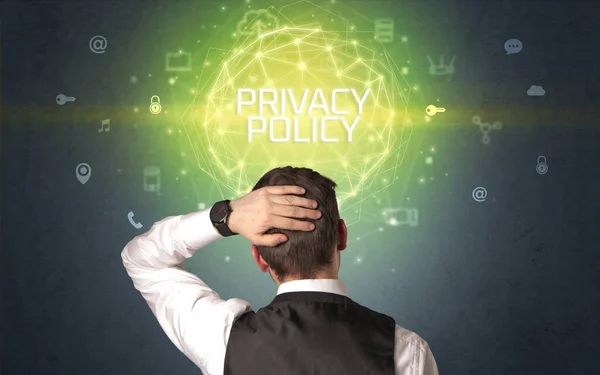 Vista Posteriore Uomo Affari Con Iscrizione Privacy Policy Concetto Sicurezza — Foto Stock