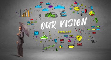 VISION yazıtlarıyla şemsiyenin arkasına saklanan kararlı işadamı, yeni iş konsepti