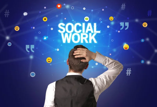 Vista Posteriore Uomo Affari Con Iscrizione Social Work Concetto Social — Foto Stock