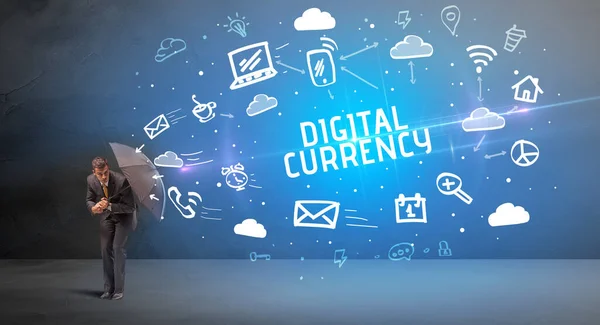 Obchodník Bránící Deštníkem Nápisu Digital Currency Moderní Koncept Technologie — Stock fotografie