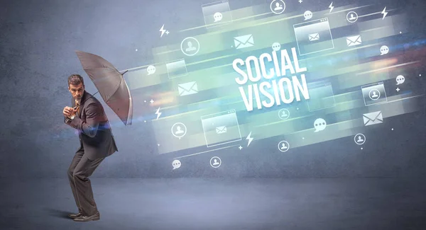 Jóképű Üzletember Védekezik Esernyővel Társadalom Vision Feliratból Kor Média Koncepció — Stock Fotó