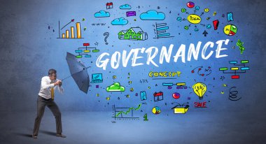Şemsiyenin arkasına saklanan azimli iş adamı GOVERNANCE yazıtları, yeni iş konsepti