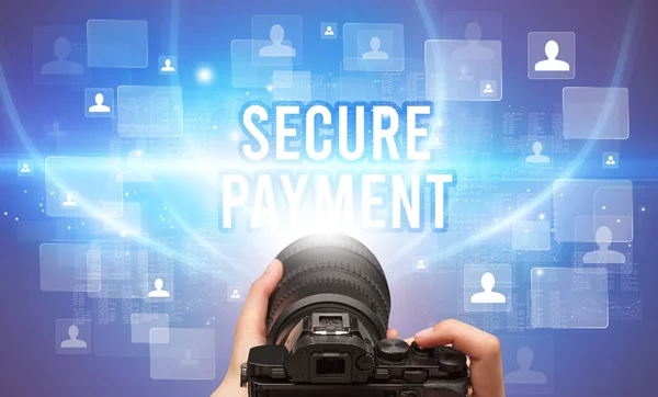 Крупный План Ручной Камеры Надписью Secure Payment Концепция Видеонаблюдения — стоковое фото