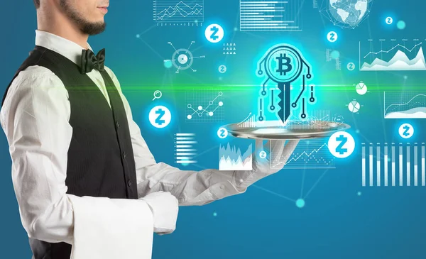 Young Waiter Serving Blockchain Icons Tray Money Exchange Concept — Stock Photo, Image