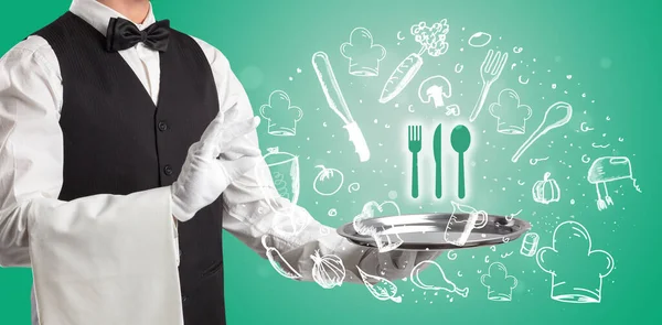 Waiter Holding Silver Tray Cutlery Icons Coming Out Health Food — Stock Photo, Image