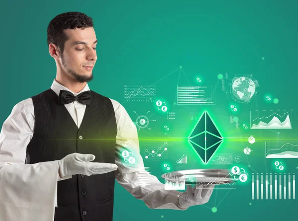 Giovane Cameriere Che Serve Icone Ethereum Vassoio Concetto Scambio Denaro — Foto Stock