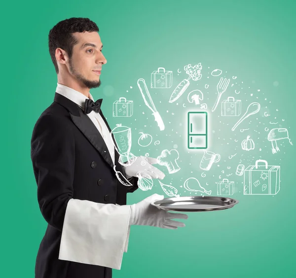 Waiter holding silver tray with fridge icons coming out of it, health food concept