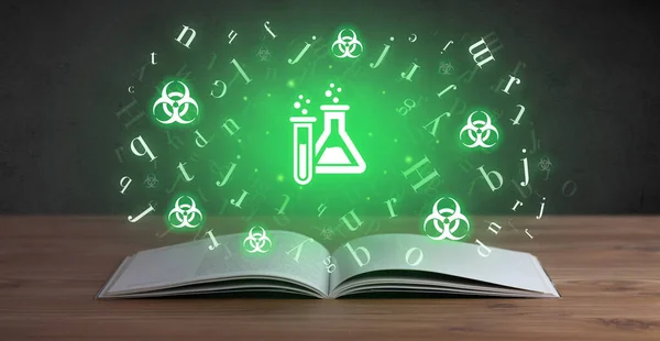 Open medical book with chemical icons above, global health concept