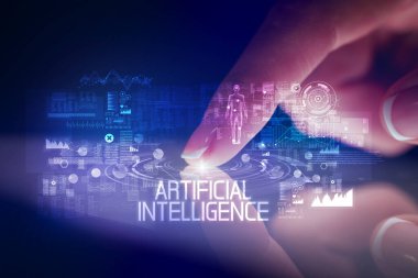 Web teknolojisi simgeleri ve ARTIFICIAL INTLIGENCE yazıtları ile parmak dokunma tableti