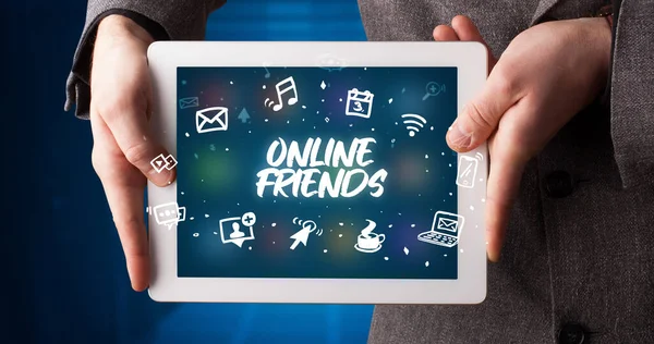 Young Business Person Working Tablet Shows Inscription Online Friends — Stock Photo, Image