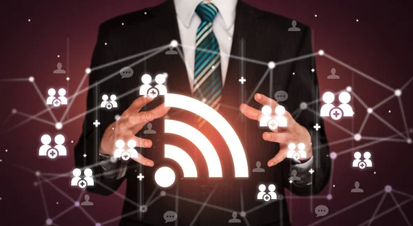 Mano Holdig Icono Wifi Alrededor Sus Manos Concepto Redes Sociales —  Fotos de Stock