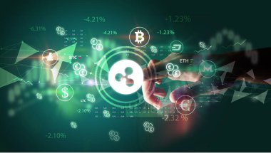 İş adamı multimedya dokunmatik ekran fütüristik kavramı üzerinde el ile dalgalanma sembolü basıyor