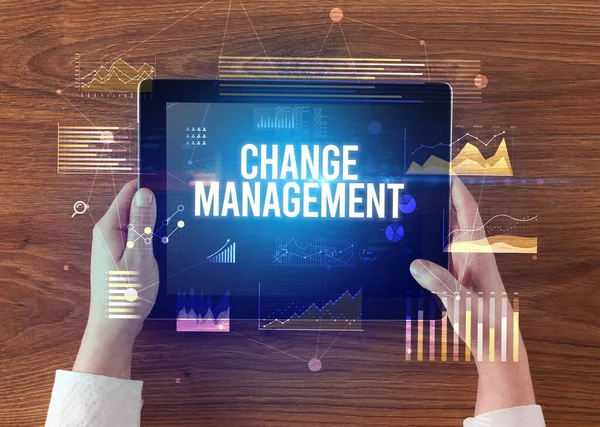 Close Hands Holding Tablet Change Management Inscription Modern Business Concept — Stock Photo, Image