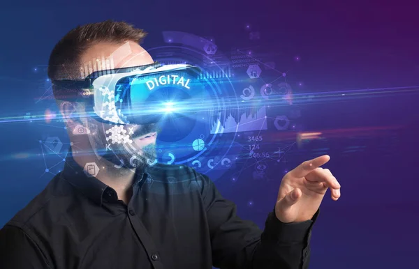 Businessman Looking Virtual Reality Glasses Digital Inscription Innovative Technology Concept — Stock Photo, Image