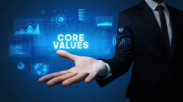 Hand Businessman Holding Core Values Felirat Üzleti Siker Koncepció — Stock Fotó
