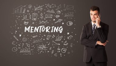 MENTORING yazıtları, iş eğitimi kavramı ile düşünen işadamı