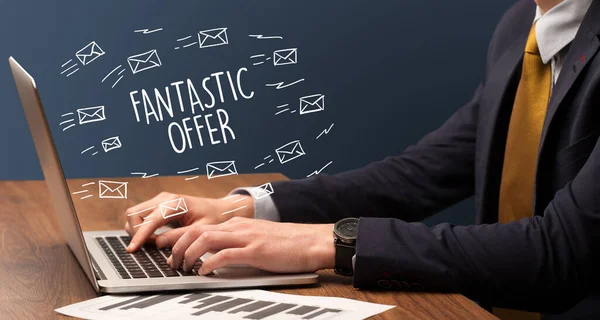 Businessman Working Laptop Fantastic Offer Inscription Online Shopping Concept — 图库照片