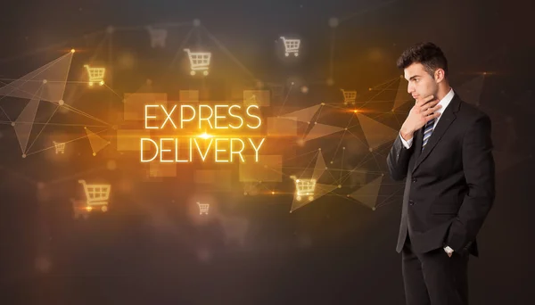 Homme Affaires Avec Des Icônes Panier Express Delivery Inscription Concept — Photo