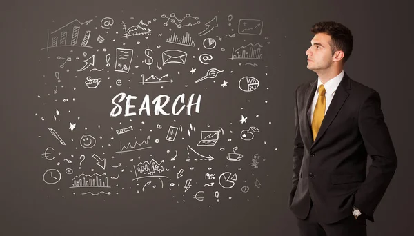 Zakenman Denken Met Search Inscriptie Business Education Concept — Stockfoto