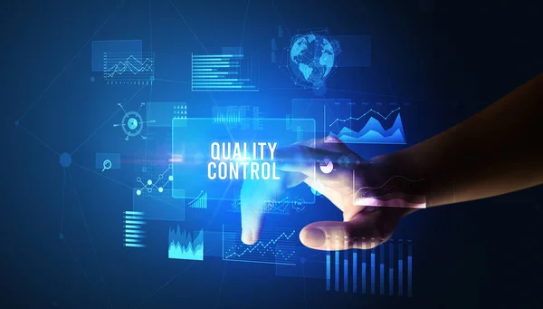 Hand Touching Quality Control Inscription New Business Technology Concept — Stock Photo, Image