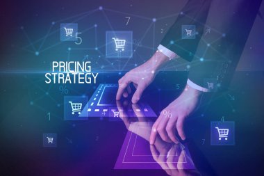 FRICING STRATEGY yazıt konseptiyle online alışveriş, alışveriş arabası simgeleri