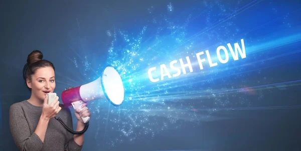 Young Person Shouting Loudspeaker Cash Flow Inscription Business Concept — Stock Photo, Image