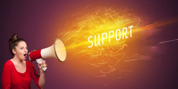 Young Girld Shouting Megaphone Support Inscription Online Shopping Concept — Stock Photo, Image