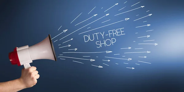 Девушка Кричит Мегафон Надписью Duty Free Shop Концепция Покупок — стоковое фото