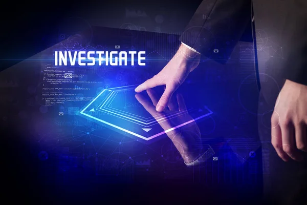 Hand Vidrör Digitalt Bord Med Investigate Inskription New Age Security — Stockfoto