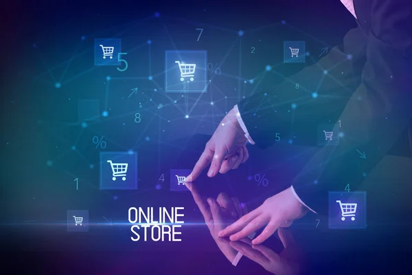Online Αγορές Online Store Έννοια Επιγραφή Εικονίδια Καλάθι Αγορών — Φωτογραφία Αρχείου