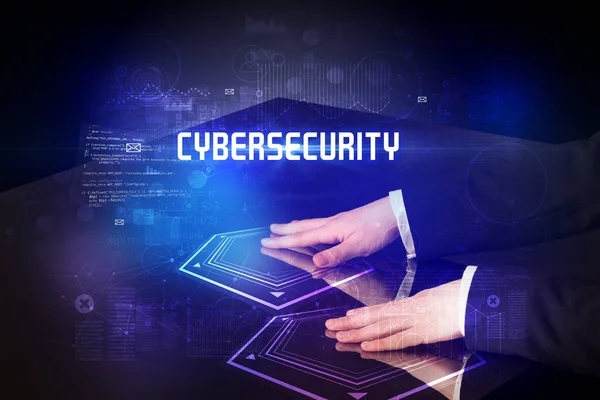 Αγγίζοντας Χέρι Ψηφιακό Τραπέζι Επιγραφή Cybersecurity Νέα Εποχή Έννοια Ασφάλειας — Φωτογραφία Αρχείου