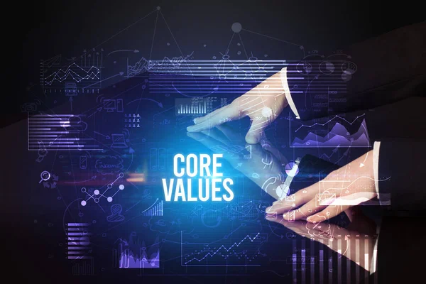 Businessman Touching Huge Screen Core Values Inscription Cyber Business Concept — 图库照片