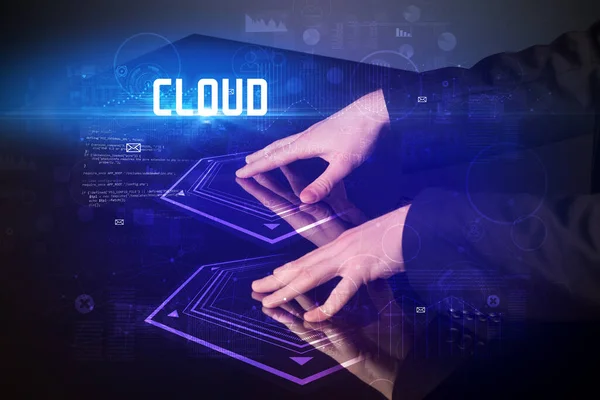 Трогательный Цифровой Стол Надписью Cloud Концепция Безопасности Нового Века — стоковое фото