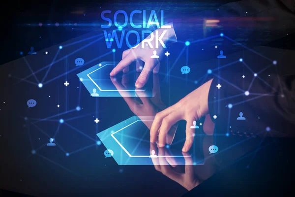 Navegando Redes Sociais Com Inscrição Social Work Novo Conceito Mídia — Fotografia de Stock