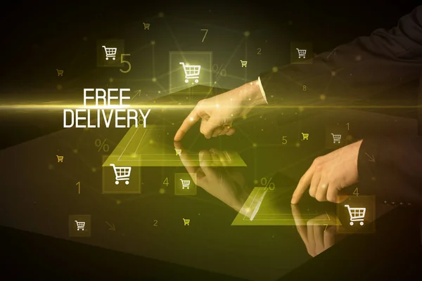 Online Shopping Free Delivery Inscription Concept Shopping Cart Icons — 스톡 사진