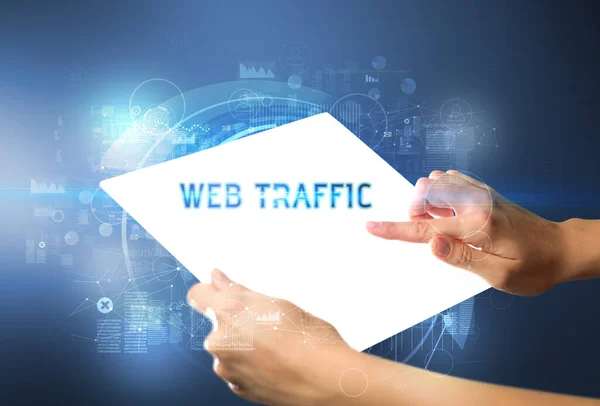 Handholdig Tavoletta Futuristica Con Iscrizione Web Traffic Nuovo Concetto Tecnologia — Foto Stock