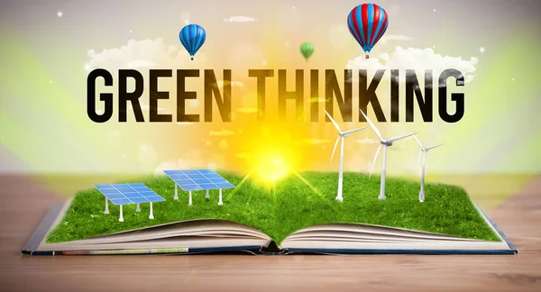 Open Book Green Thinking Inscription Renewable Energy Concept — Stock Photo, Image