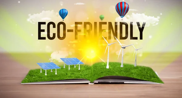 Otwarta Książka Napisem Eco Friendly Koncepcja Energii Odnawialnej — Zdjęcie stockowe