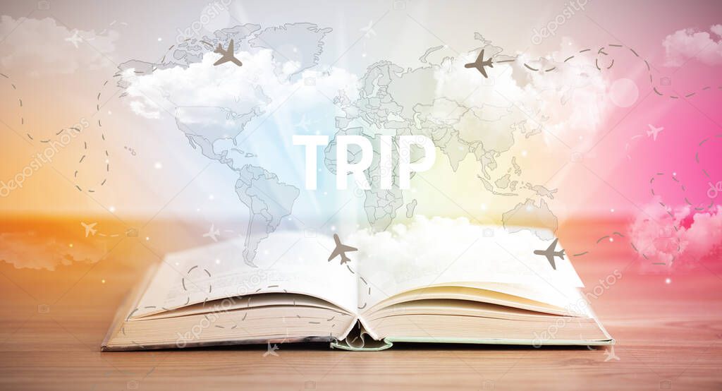 Open book with TRIP inscription, vacation concept