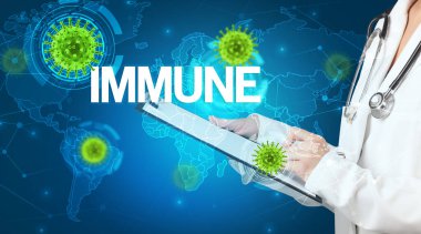 Doktor IMMUNE yazıtları ve viroloji konseptiyle tıbbi kayıtları dolduruyor.