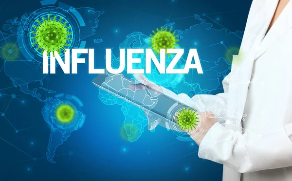 의사는 생체학적 개념인 Influenza 비문으로 기록을 — 스톡 사진