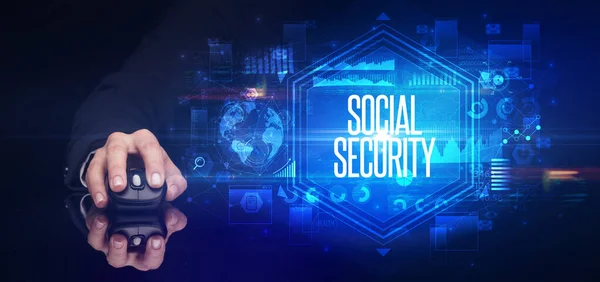 Hand Holding Wireless Peripheral Social Security Inscription Cyber Security Concept — Stock Photo, Image
