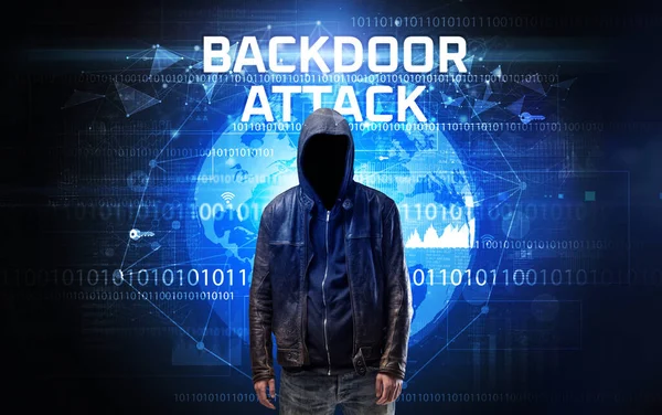 Hacker Sin Rostro Trabajo Con Inscripción Ataque Backdoor Concepto Seguridad — Foto de Stock