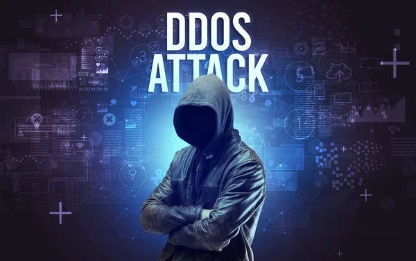 Ddos Saldırı Yazıtlı Yüzü Olmayan Adam Çevrimiçi Güvenlik Kavramı — Stok fotoğraf