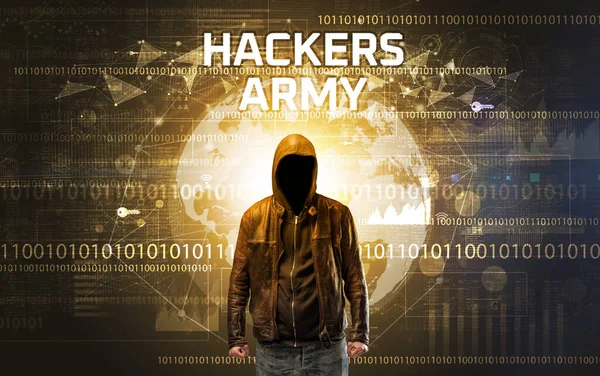 Hacker Sans Visage Travail Avec Inscription Hackers Army Concept Sécurité — Photo