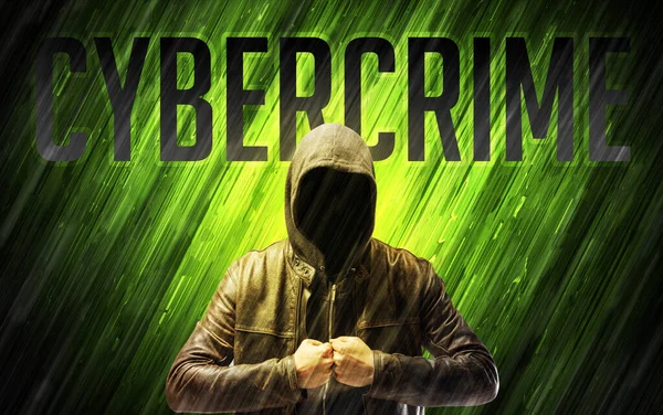 Geheimnisvoller Mann Mit Zyberkrime Aufschrift Online Sicherheitskonzept — Stockfoto